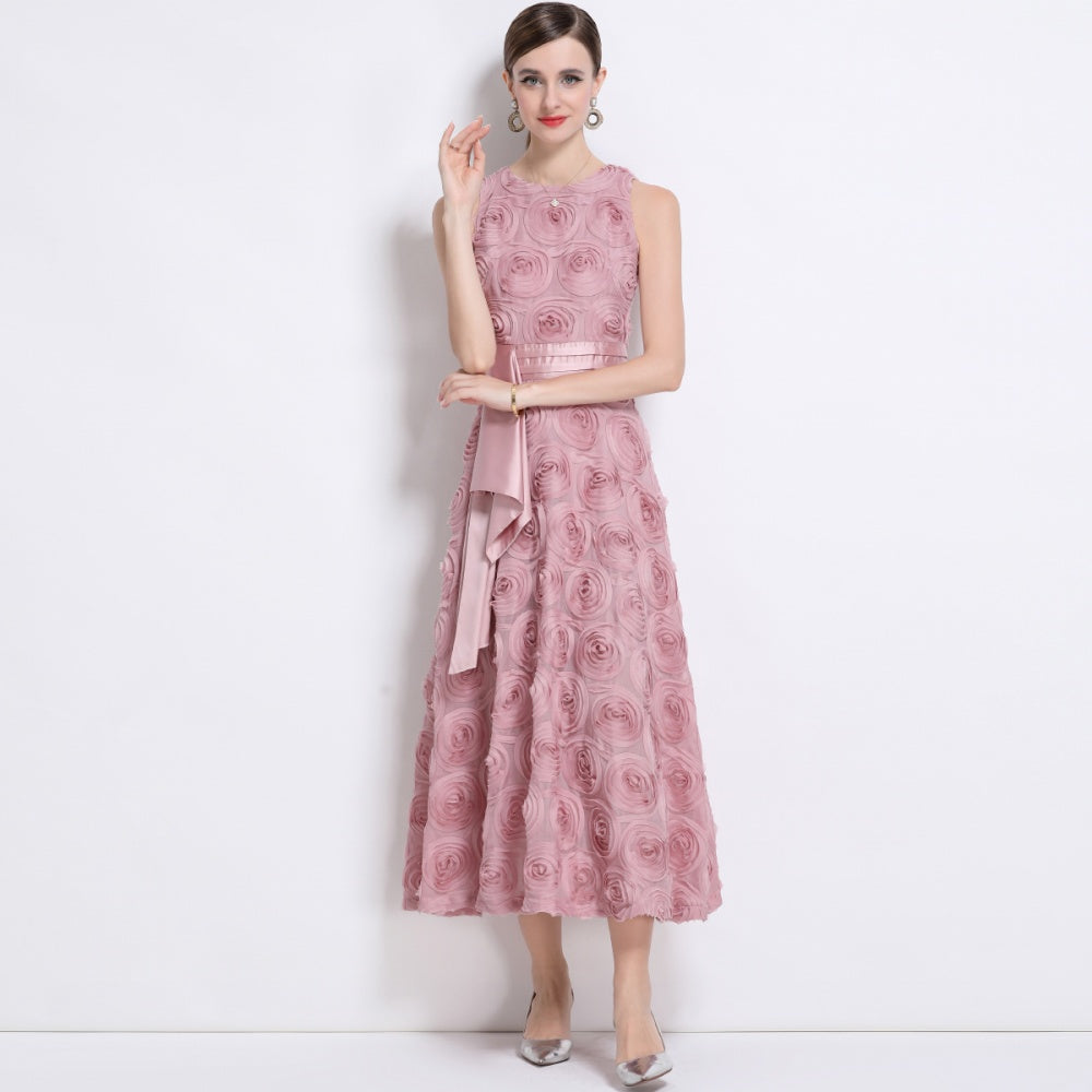 CM-DY044595 Women Elegant European Style Floral Decor Round Neck Sleeveless A-Line Dress - Pink