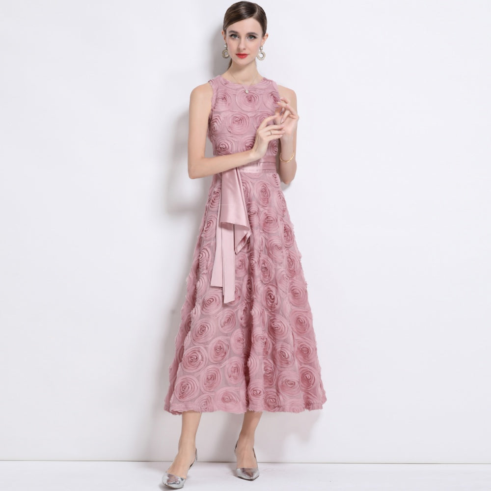 CM-DY044595 Women Elegant European Style Floral Decor Round Neck Sleeveless A-Line Dress - Pink