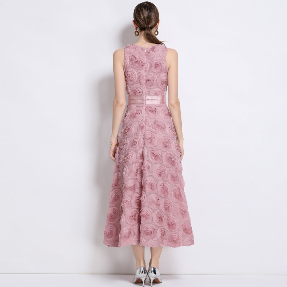 CM-DY044595 Women Elegant European Style Floral Decor Round Neck Sleeveless A-Line Dress - Pink