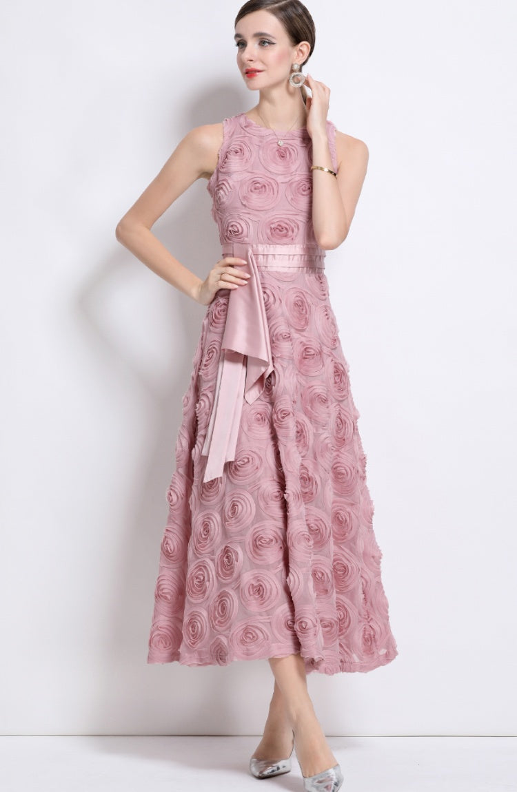 CM-DY044595 Women Elegant European Style Floral Decor Round Neck Sleeveless A-Line Dress - Pink
