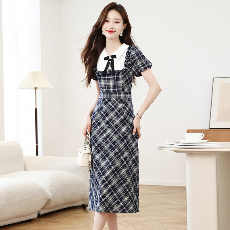 CM-DY044599 Women Casual Seoul Style Doll Collar Short Sleeve Pinched Waist Plaid Mid-Length Dress