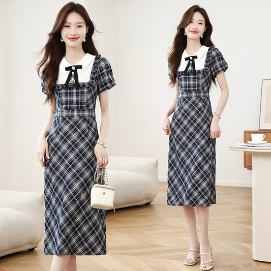 CM-DY044599 Women Casual Seoul Style Doll Collar Short Sleeve Pinched Waist Plaid Mid-Length Dress