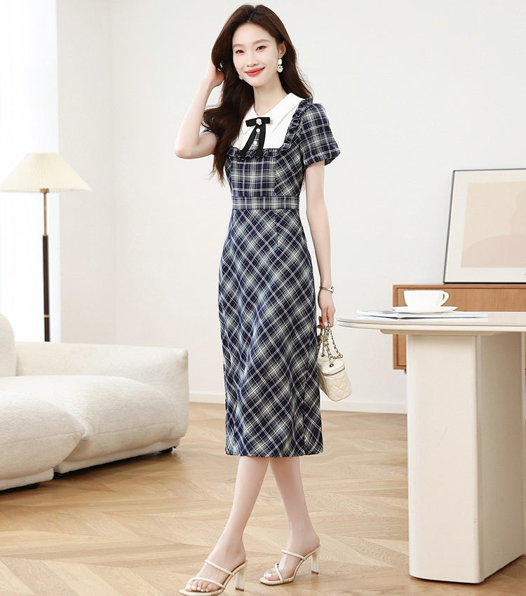 CM-DY044599 Women Casual Seoul Style Doll Collar Short Sleeve Pinched Waist Plaid Mid-Length Dress