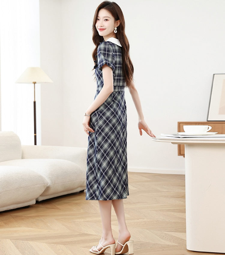 CM-DY044599 Women Casual Seoul Style Doll Collar Short Sleeve Pinched Waist Plaid Mid-Length Dress