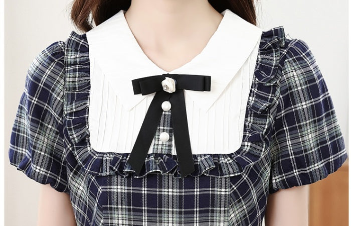 CM-DY044599 Women Casual Seoul Style Doll Collar Short Sleeve Pinched Waist Plaid Mid-Length Dress