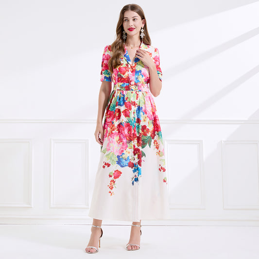 CM-DY045068 Women Casual Seoul Style Floral Print Short Dress Ruffle Hem Long Dress - Apricot