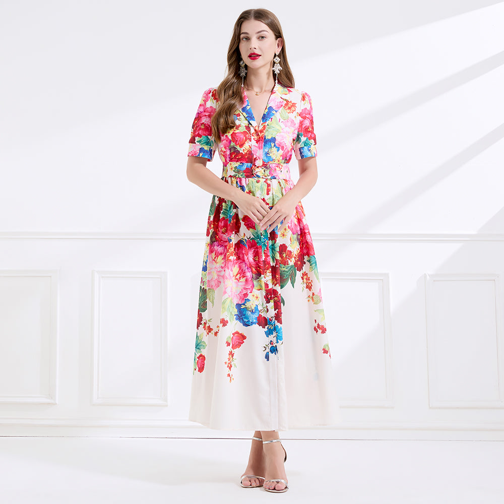CM-DY045068 Women Casual Seoul Style Floral Print Short Dress Ruffle Hem Long Dress - Apricot