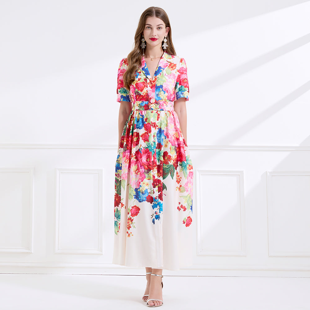 CM-DY045068 Women Casual Seoul Style Floral Print Short Dress Ruffle Hem Long Dress - Apricot