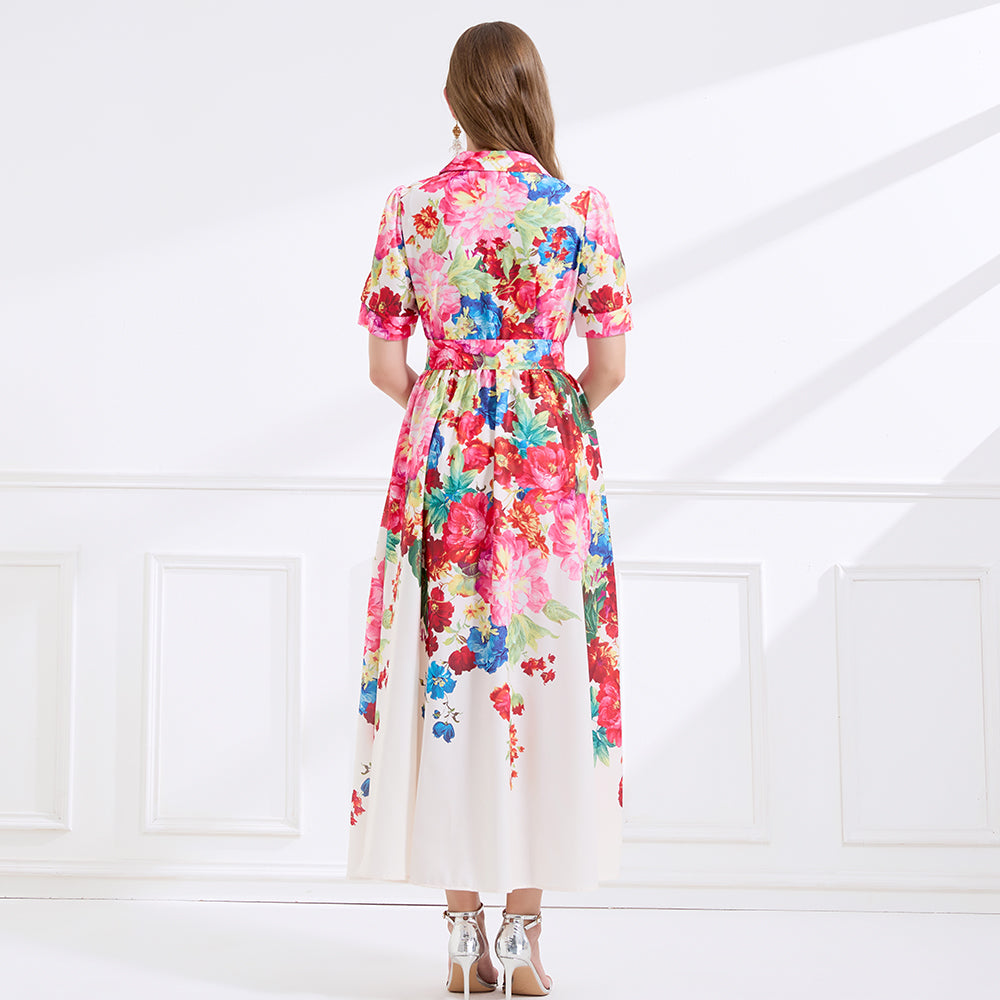 CM-DY045068 Women Casual Seoul Style Floral Print Short Dress Ruffle Hem Long Dress - Apricot