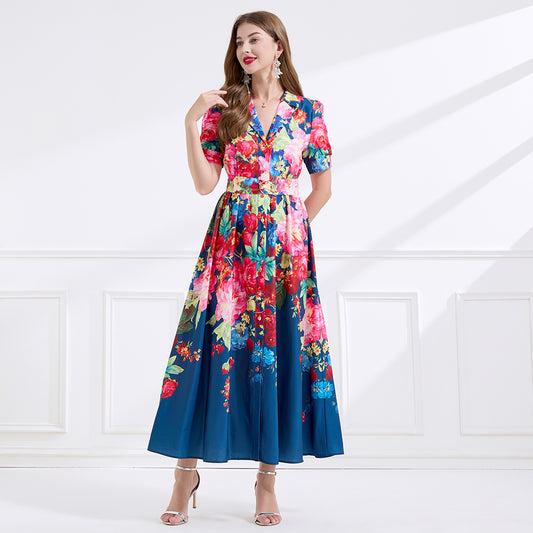CM-DY045071 Women Casual Seoul Style Floral Print Short Dress Ruffle Hem Long Dress - Navy Blue