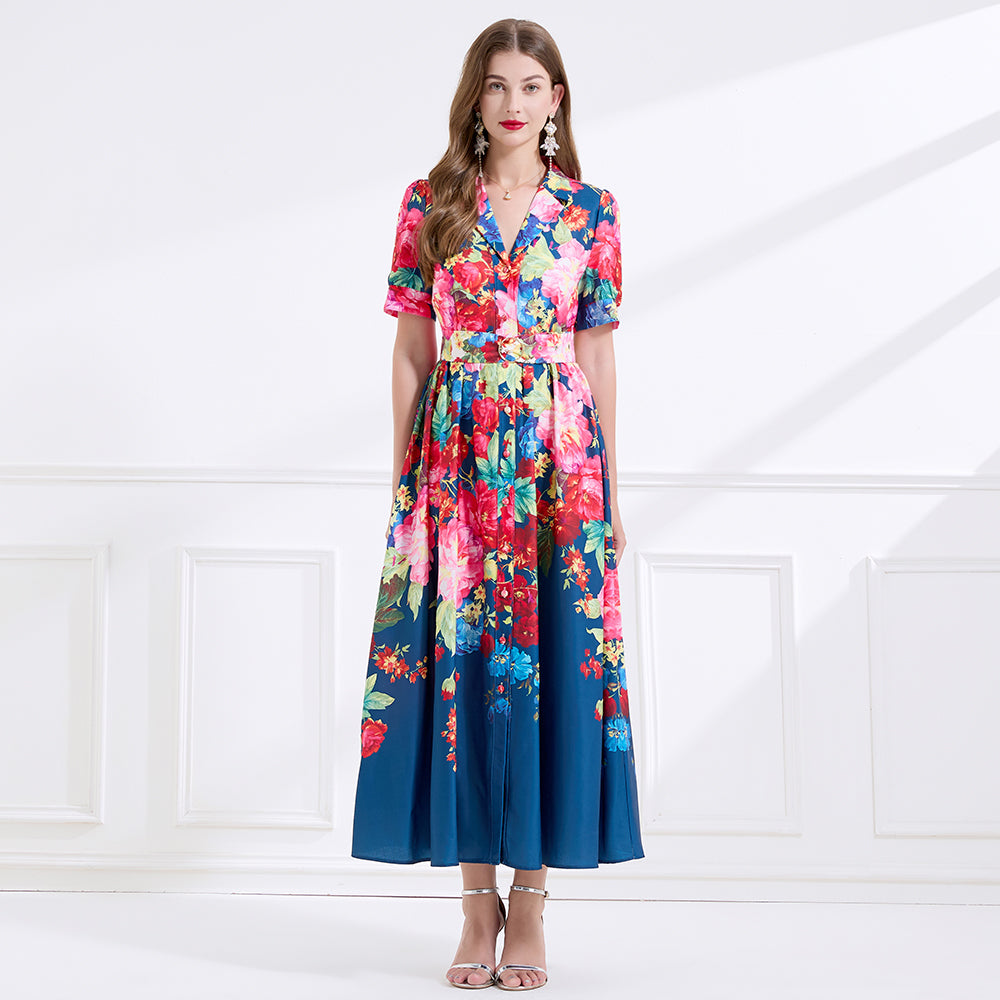 CM-DY045071 Women Casual Seoul Style Floral Print Short Dress Ruffle Hem Long Dress - Navy Blue