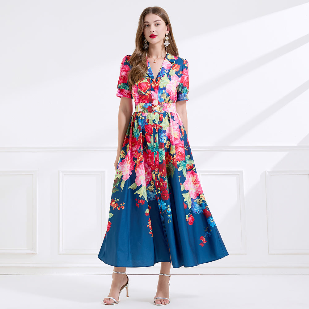 CM-DY045071 Women Casual Seoul Style Floral Print Short Dress Ruffle Hem Long Dress - Navy Blue