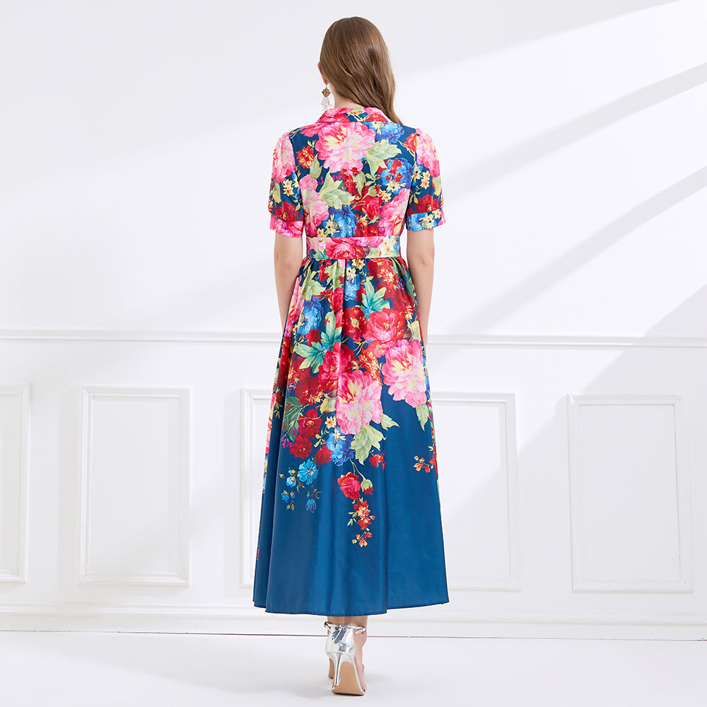 CM-DY045071 Women Casual Seoul Style Floral Print Short Dress Ruffle Hem Long Dress - Navy Blue