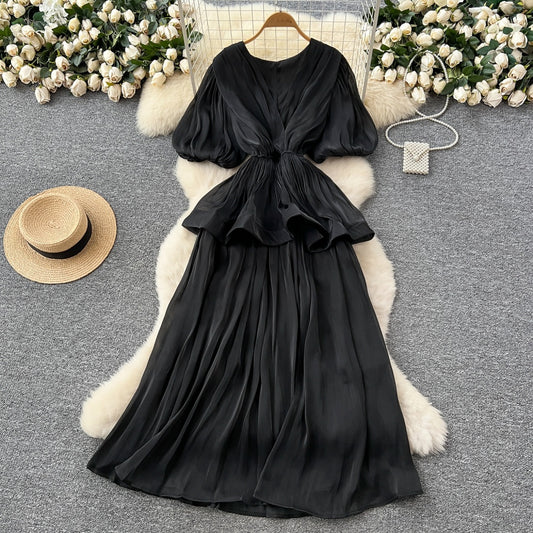 CM-DY045541 Women Elegant European Style V-Neck Half Sleeve Pinched Waist Long Dress (Available in 6 colors)