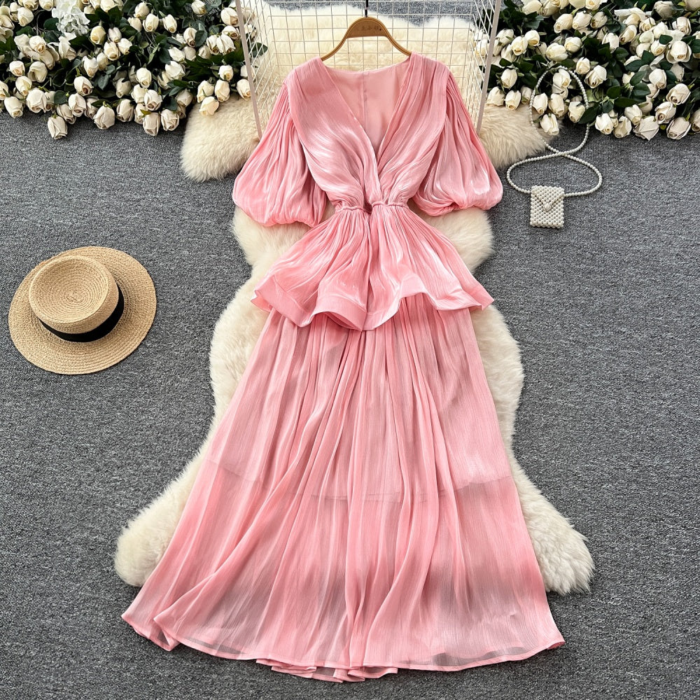 CM-DY045541 Women Elegant European Style V-Neck Half Sleeve Pinched Waist Long Dress (Available in 6 colors)