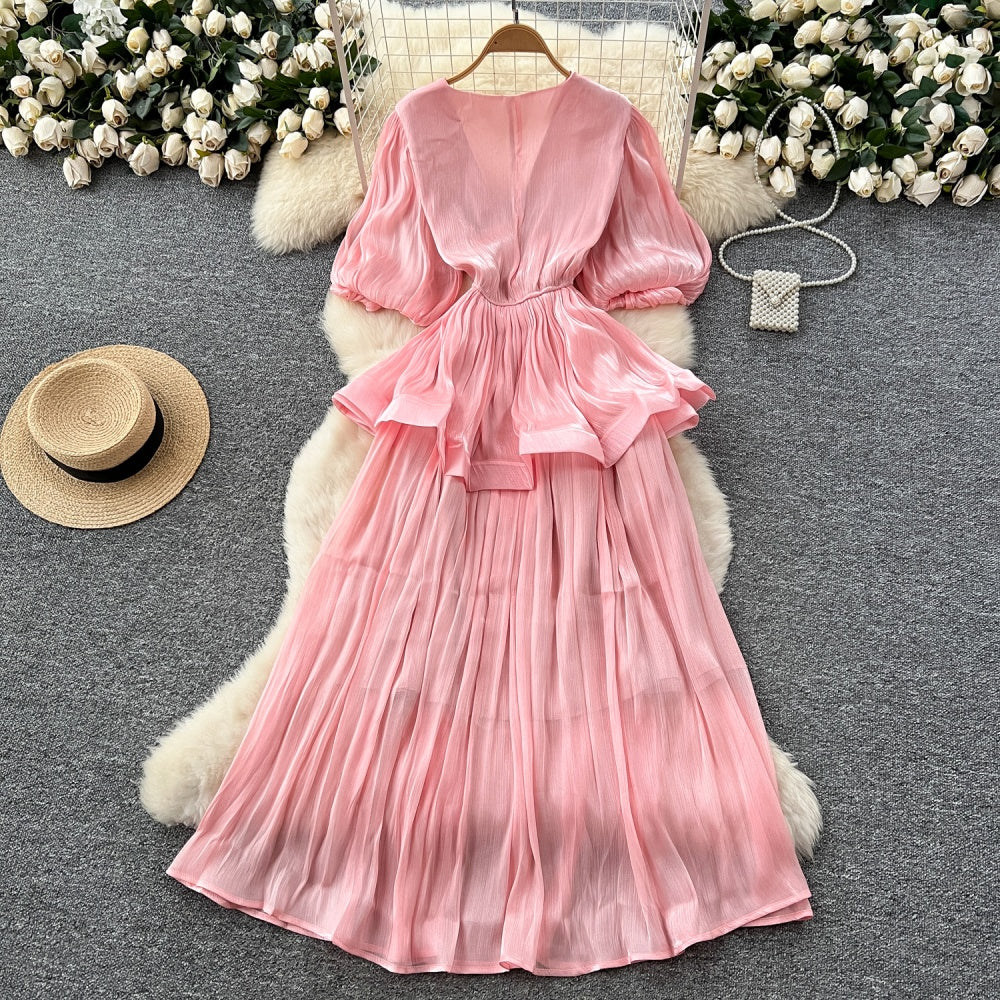 CM-DY045541 Women Elegant European Style V-Neck Half Sleeve Pinched Waist Long Dress (Available in 6 colors)