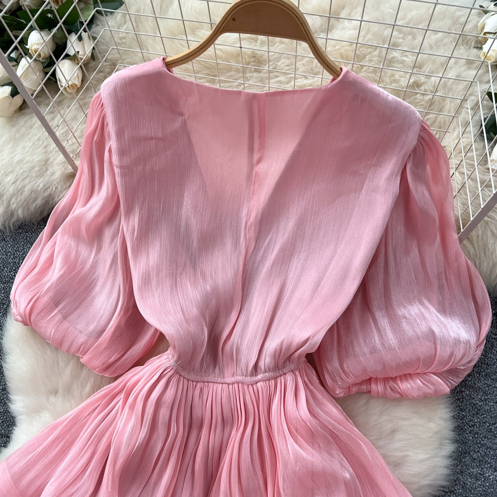 CM-DY045541 Women Elegant European Style V-Neck Half Sleeve Pinched Waist Long Dress (Available in 6 colors)