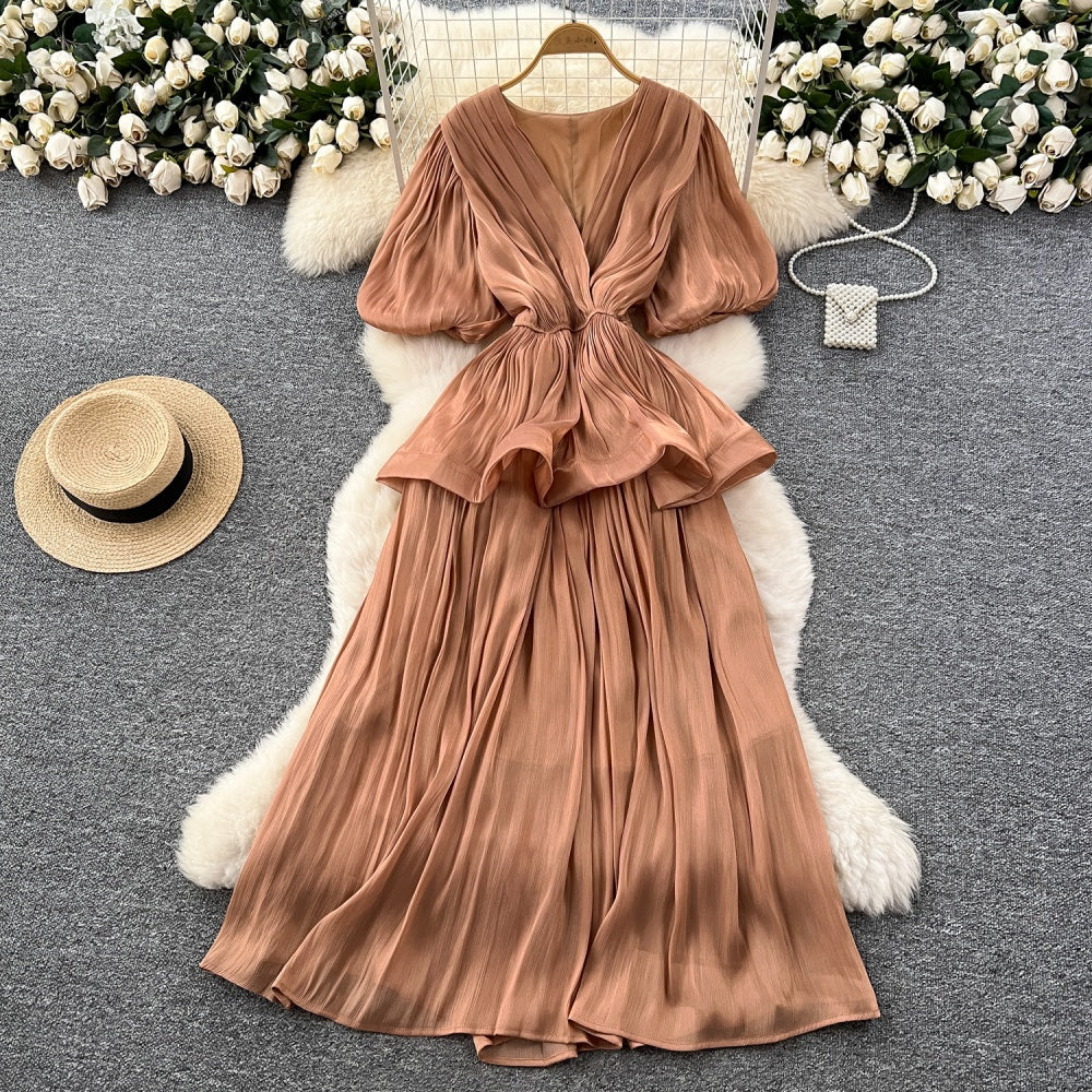CM-DY045541 Women Elegant European Style V-Neck Half Sleeve Pinched Waist Long Dress (Available in 6 colors)