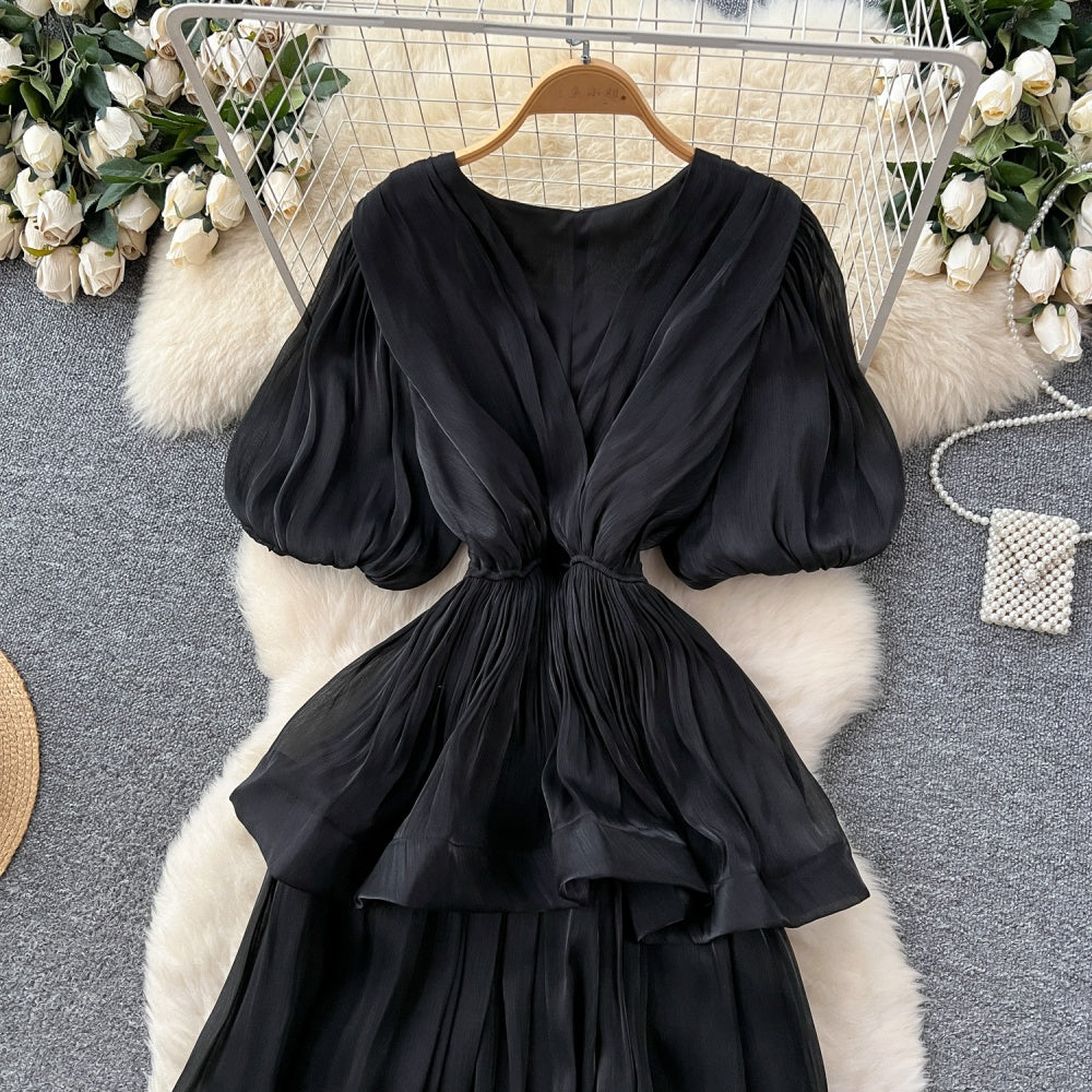 CM-DY045541 Women Elegant European Style V-Neck Half Sleeve Pinched Waist Long Dress (Available in 6 colors)