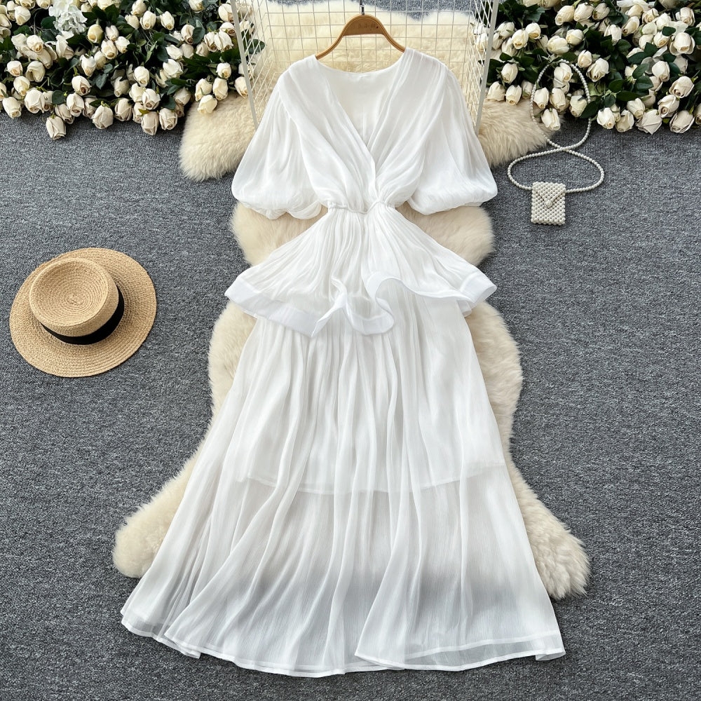 CM-DY045541 Women Elegant European Style V-Neck Half Sleeve Pinched Waist Long Dress (Available in 6 colors)