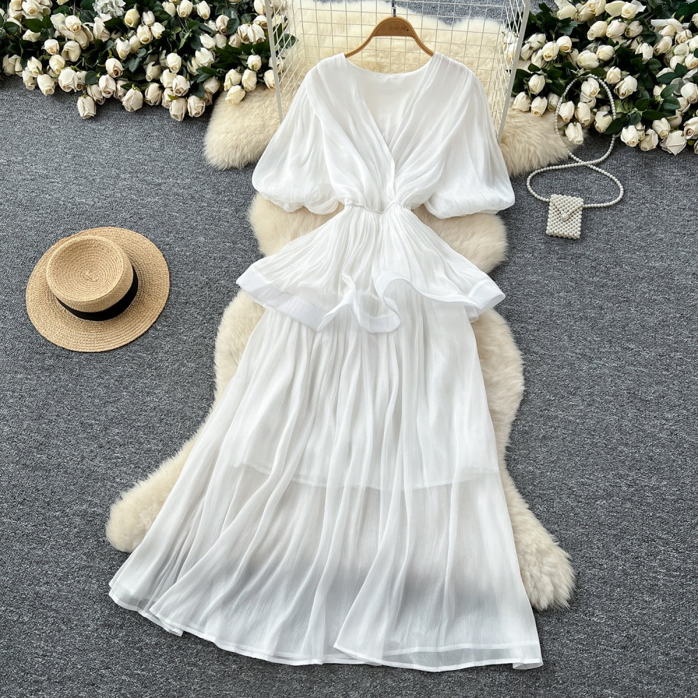 CM-DY045541 Women Elegant European Style V-Neck Half Sleeve Pinched Waist Long Dress (Available in 6 colors)