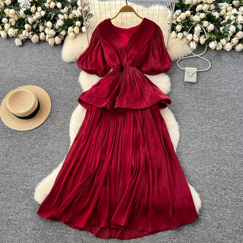 CM-DY045541 Women Elegant European Style V-Neck Half Sleeve Pinched Waist Long Dress (Available in 6 colors)