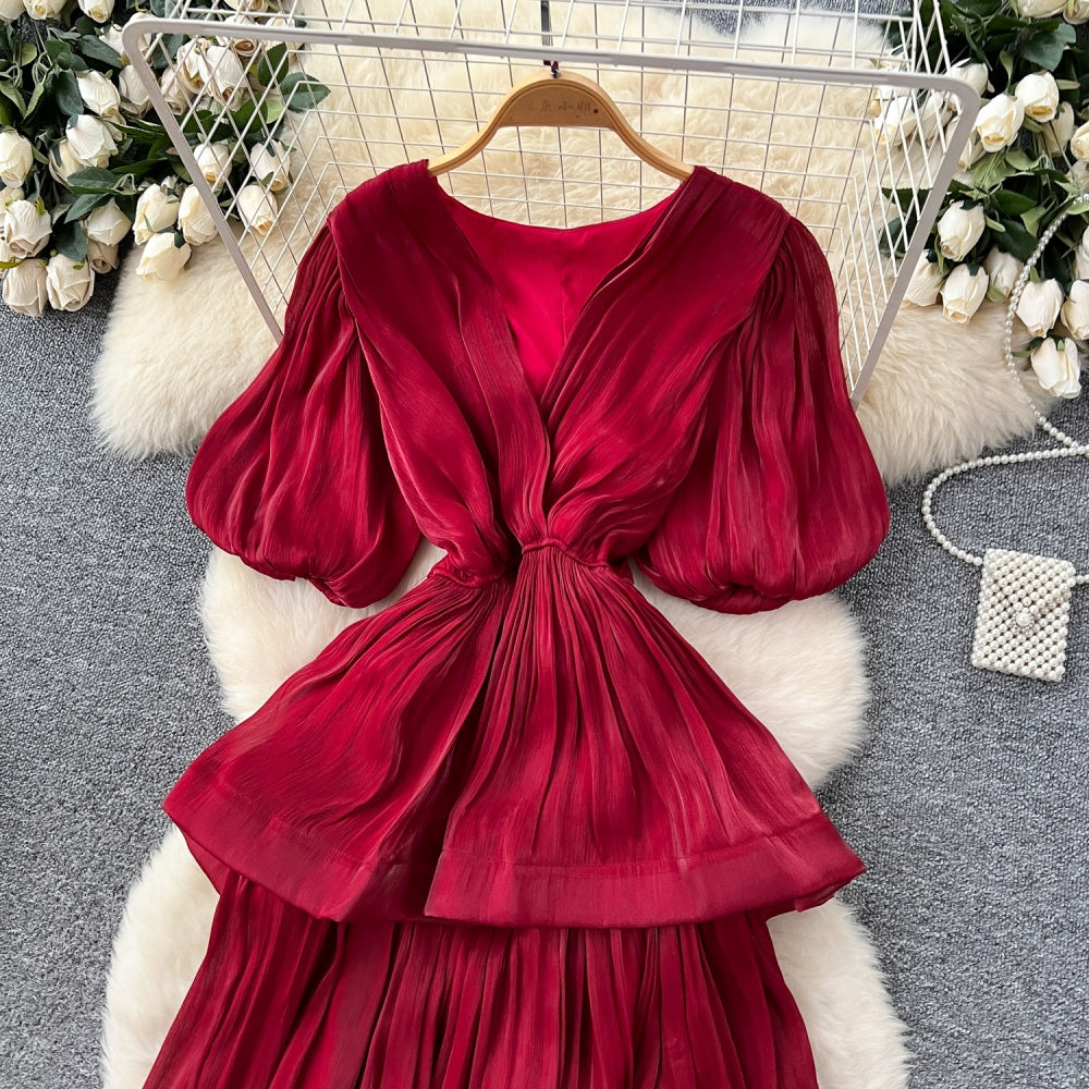 CM-DY045541 Women Elegant European Style V-Neck Half Sleeve Pinched Waist Long Dress (Available in 6 colors)