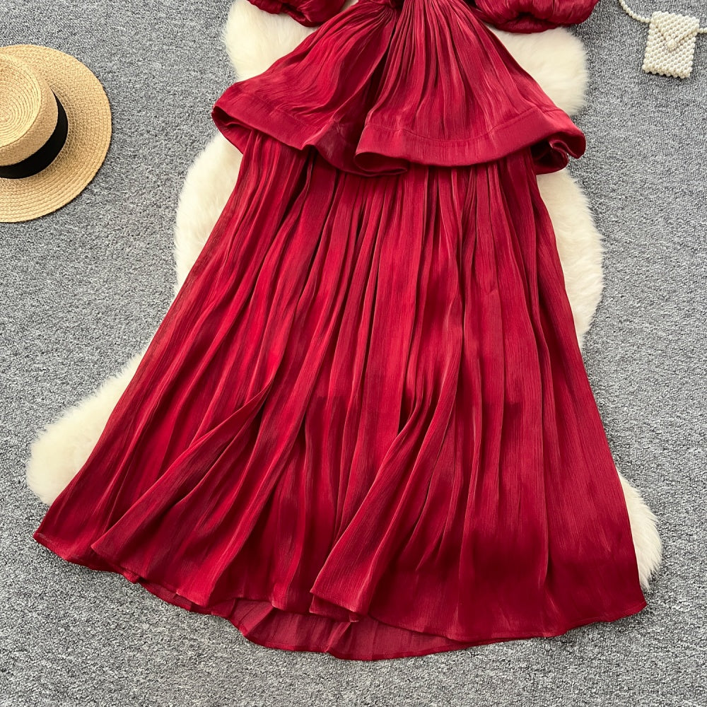 CM-DY045541 Women Elegant European Style V-Neck Half Sleeve Pinched Waist Long Dress (Available in 6 colors)