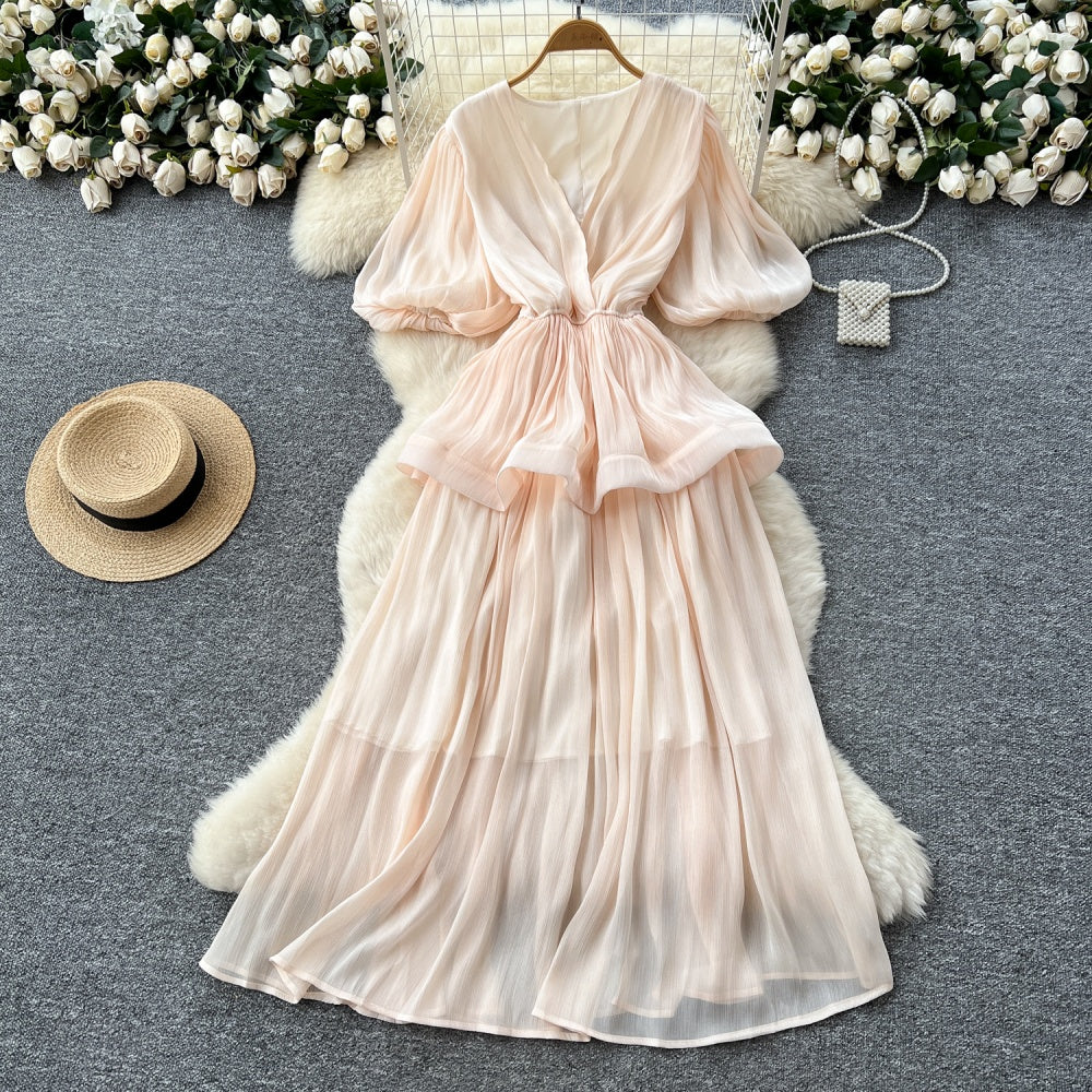 CM-DY045541 Women Elegant European Style V-Neck Half Sleeve Pinched Waist Long Dress (Available in 6 colors)