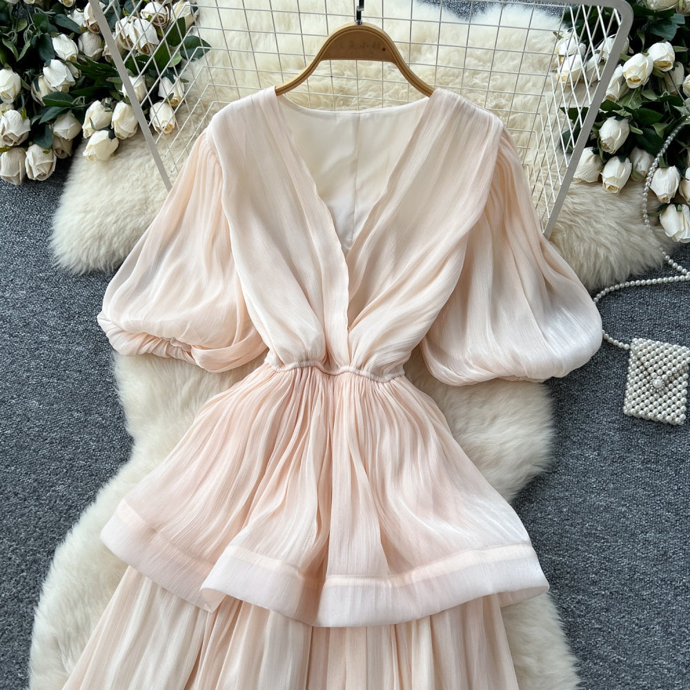 CM-DY045541 Women Elegant European Style V-Neck Half Sleeve Pinched Waist Long Dress (Available in 6 colors)