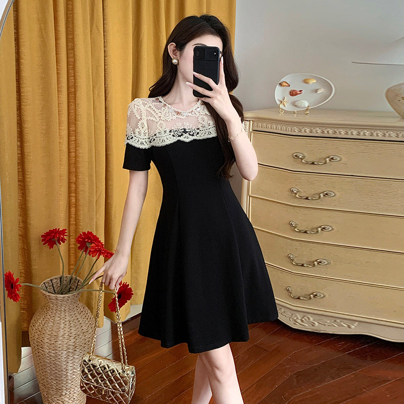 CM-DY045654 Women Elegant Seoul Style Lace Round Neck Short Sleeve Mini Dress - Black