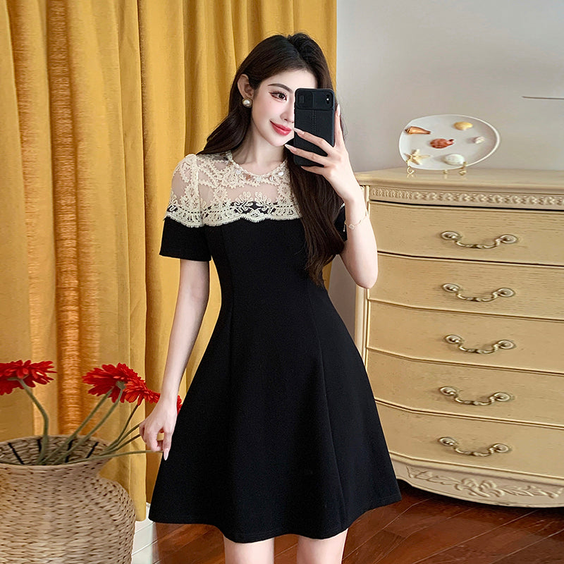 CM-DY045654 Women Elegant Seoul Style Lace Round Neck Short Sleeve Mini Dress - Black