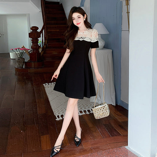 CM-DY045654 Women Elegant Seoul Style Lace Round Neck Short Sleeve Mini Dress - Black