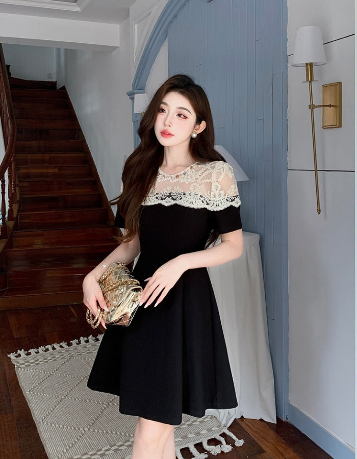 CM-DY045654 Women Elegant Seoul Style Lace Round Neck Short Sleeve Mini Dress - Black