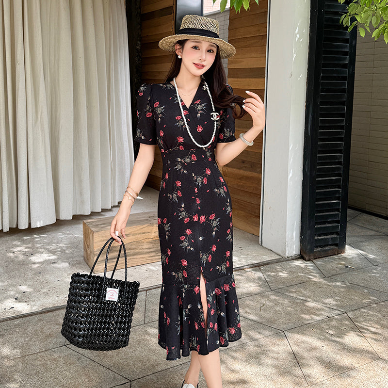 CM-DY045659 Women Casual Seoul Style V-Neck Short Sleeve Floral Print Split Mermaid Dress - Black