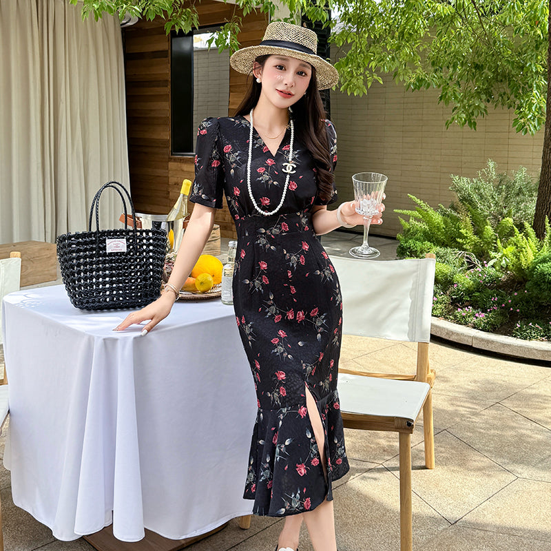 CM-DY045659 Women Casual Seoul Style V-Neck Short Sleeve Floral Print Split Mermaid Dress - Black