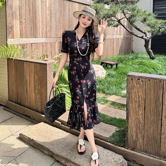 CM-DY045659 Women Casual Seoul Style V-Neck Short Sleeve Floral Print Split Mermaid Dress - Black