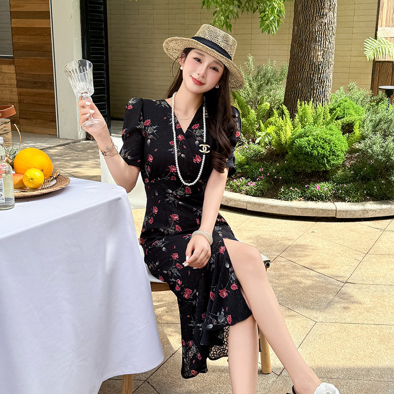 CM-DY045659 Women Casual Seoul Style V-Neck Short Sleeve Floral Print Split Mermaid Dress - Black