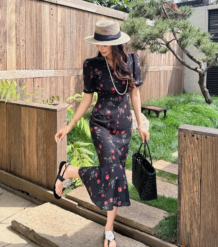CM-DY045659 Women Casual Seoul Style V-Neck Short Sleeve Floral Print Split Mermaid Dress - Black