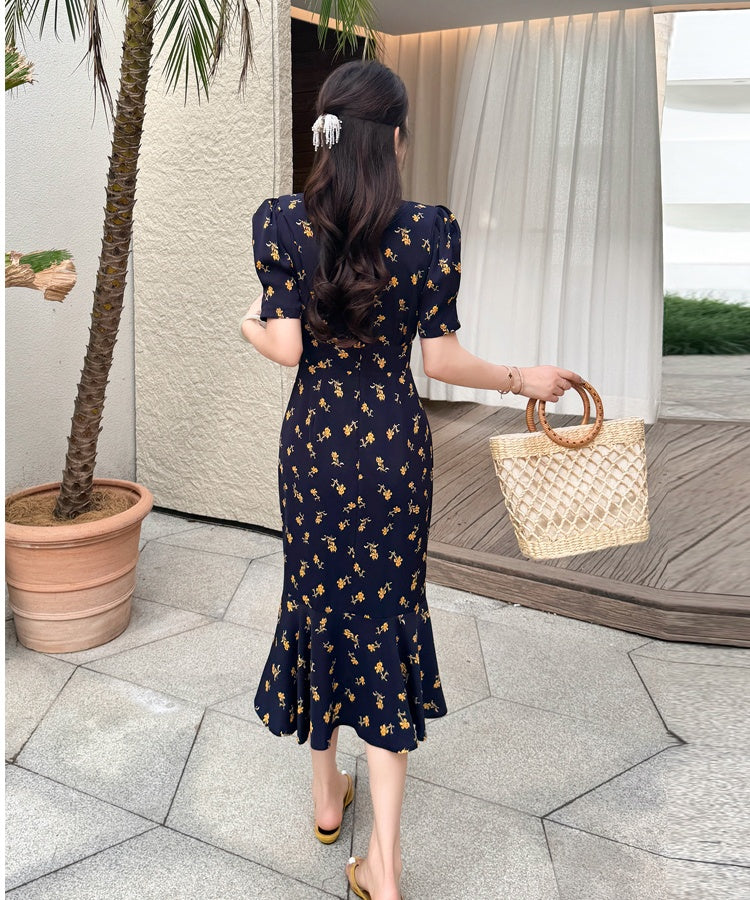 CM-DY045660 Women Casual Seoul Style V-Neck Short Sleeve Floral All-Over Print Mid-Length Dress - Navy Blue