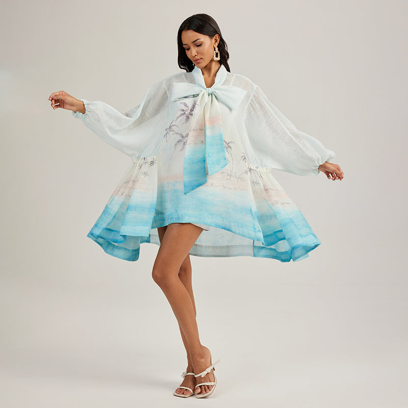 CM-DY045799 Women Elegant European Style Bow Tie Neckline Lantern Sleeve Loose Mini Dress (Available iin 2 colors)