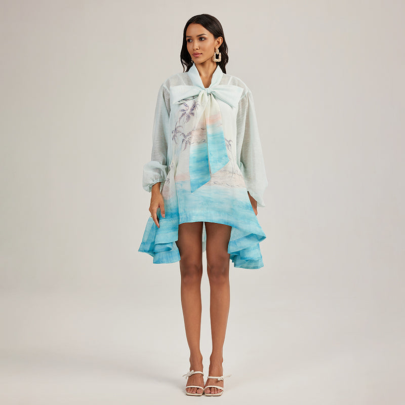 CM-DY045799 Women Elegant European Style Bow Tie Neckline Lantern Sleeve Loose Mini Dress (Available iin 2 colors)