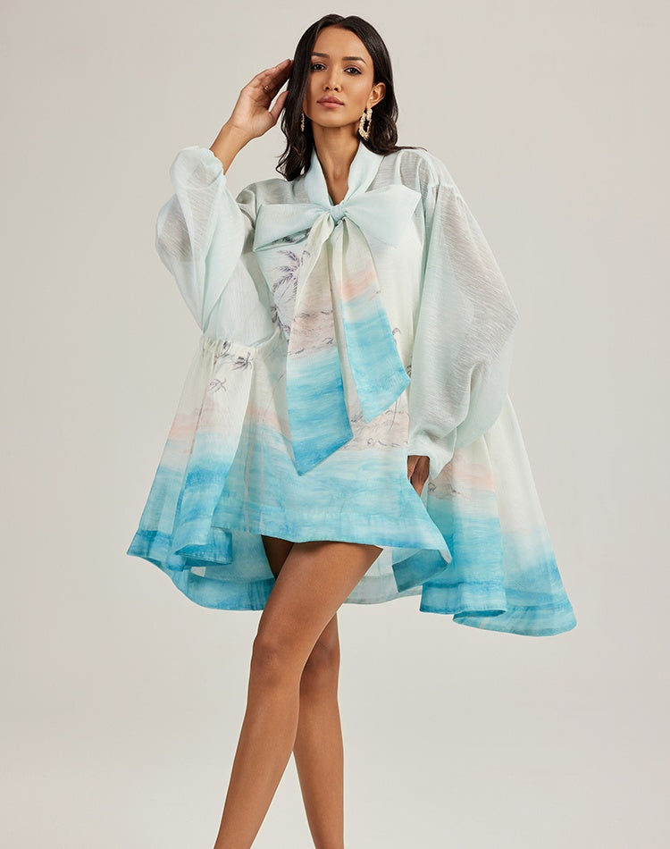 CM-DY045799 Women Elegant European Style Bow Tie Neckline Lantern Sleeve Loose Mini Dress (Available iin 2 colors)