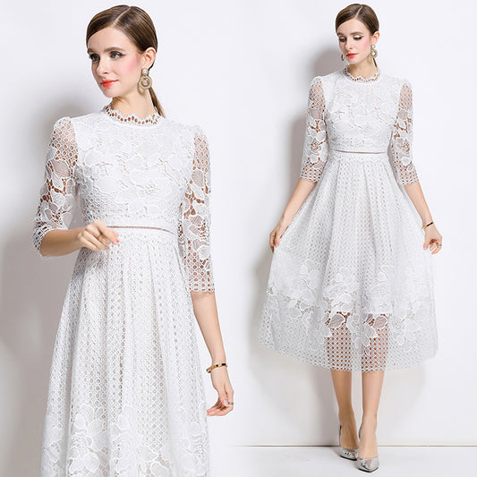 CM-DY045815 Women Elegant European Style Stand Collar 3/4 Sleeve Lace Hollow Midi Dress - White