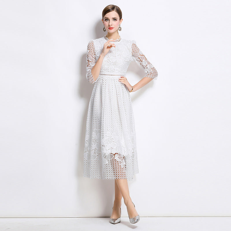 CM-DY045815 Women Elegant European Style Stand Collar 3/4 Sleeve Lace Hollow Midi Dress - White