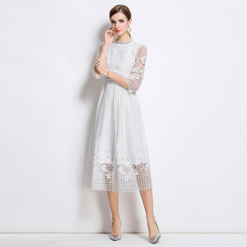 CM-DY045815 Women Elegant European Style Stand Collar 3/4 Sleeve Lace Hollow Midi Dress - White