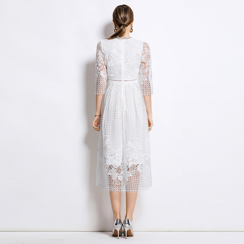 CM-DY045815 Women Elegant European Style Stand Collar 3/4 Sleeve Lace Hollow Midi Dress - White