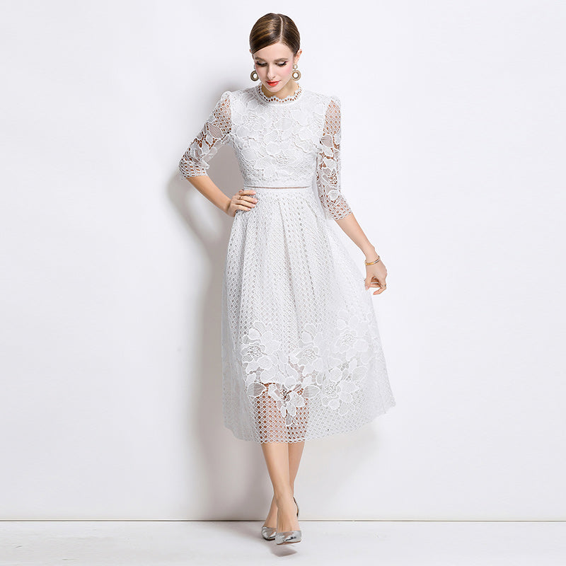 CM-DY045815 Women Elegant European Style Stand Collar 3/4 Sleeve Lace Hollow Midi Dress - White
