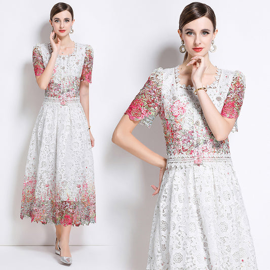CM-DY045816 Women Elegant European Style Lace Round Neck Short Sleeve Slim Midi Dress