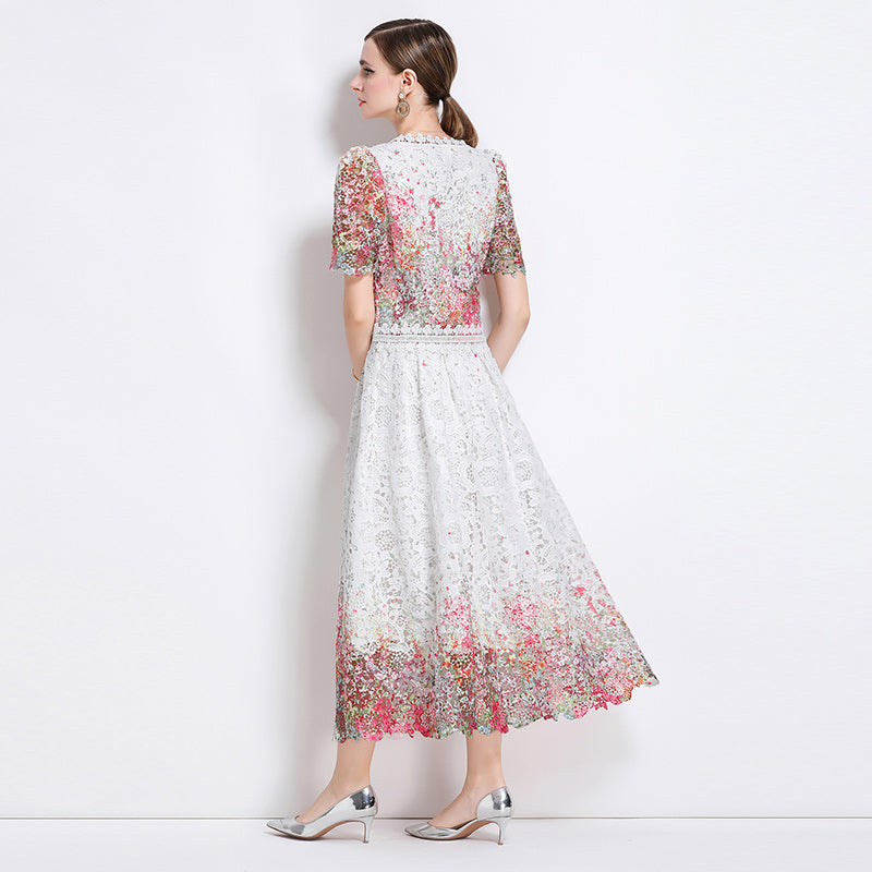 CM-DY045816 Women Elegant European Style Lace Round Neck Short Sleeve Slim Midi Dress